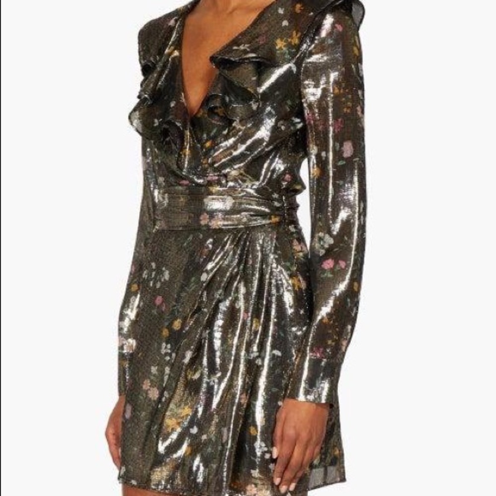 Altuzarra Lennox metallic copper silver lamé ruffle floral minidress NWT 38 6 S